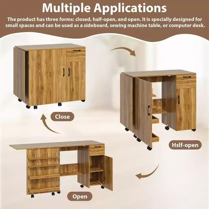Table pliante pour machine à coudre, station de loisirs créatifs polyvalente avec étagères de rangement et roulettes verrouillables, bureau de couture mobile pour la maison, la chambre