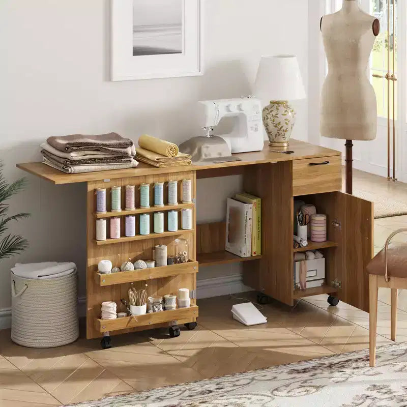 Folding Sewing Machine Table, Multipurpose Craft Station with Storage Shelves & Lockable Wheels, Rolling Sewing Desk Station for Home, Bedroom