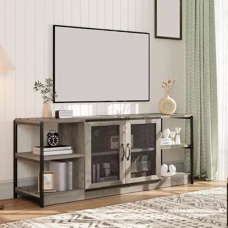Meuble TV de ferme pour téléviseurs de 65/75 pouces, centre de divertissement avec armoire de rangement, table de console multimédia industrielle
