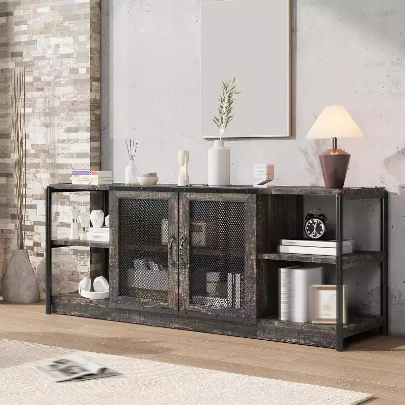 Meuble TV de ferme pour téléviseurs de 65/75 pouces, centre de divertissement avec armoire de rangement, table de console multimédia industrielle