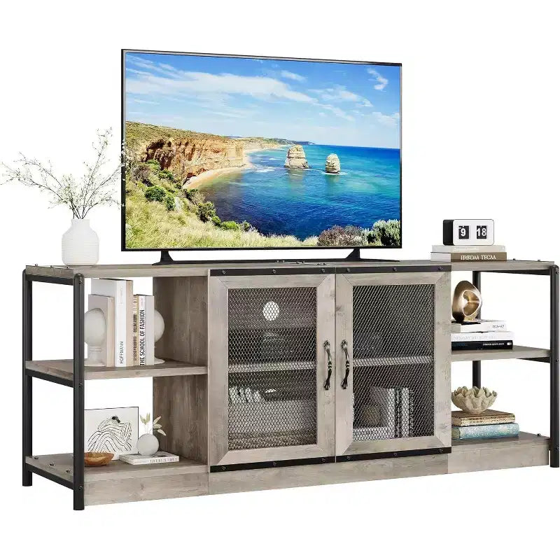 Meuble TV de ferme pour téléviseurs de 65/75 pouces, centre de divertissement avec armoire de rangement, table de console multimédia industrielle
