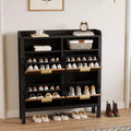 Garvee Shoe Storage Cabinet with 4 Flip Drawers, Fluted Narrow Shoe Storage Cabinet Organizer with Legs,Black+Natural Oak