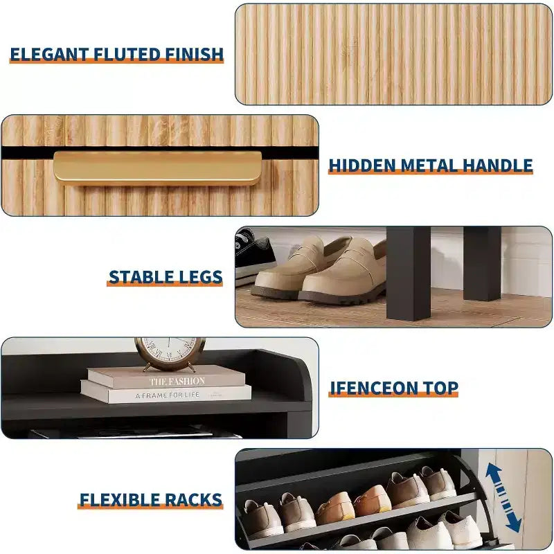 Meuble de rangement pour chaussures Garvee avec 4 tiroirs basculants, meuble de rangement pour chaussures étroit cannelé avec pieds, noir+chêne naturel