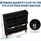 Meuble de rangement pour chaussures Garvee avec 4 tiroirs basculants, meuble de rangement pour chaussures étroit cannelé avec pieds, noir+chêne naturel