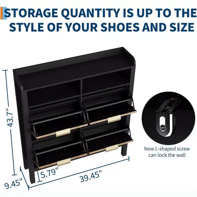 Meuble de rangement pour chaussures Garvee avec 4 tiroirs basculants, meuble de rangement pour chaussures étroit cannelé avec pieds, noir+chêne naturel