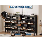 Meuble de rangement pour chaussures Garvee avec 4 tiroirs basculants, meuble de rangement pour chaussures étroit cannelé avec pieds, noir+chêne naturel