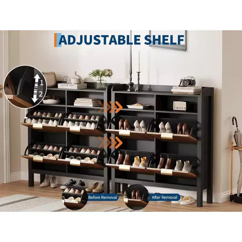 Meuble de rangement pour chaussures Garvee avec 4 tiroirs basculants, meuble de rangement pour chaussures étroit cannelé avec pieds, noir+chêne naturel
