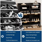 Meuble de rangement pour chaussures Garvee avec 4 tiroirs basculants, meuble de rangement pour chaussures étroit cannelé avec pieds, noir+chêne naturel