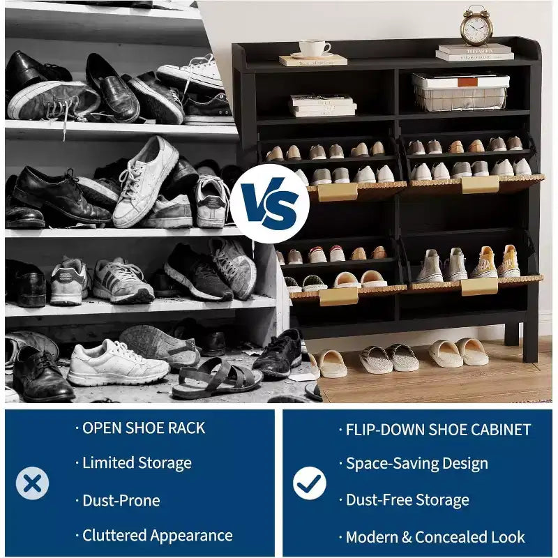 Meuble de rangement pour chaussures Garvee avec 4 tiroirs basculants, meuble de rangement pour chaussures étroit cannelé avec pieds, noir+chêne naturel
