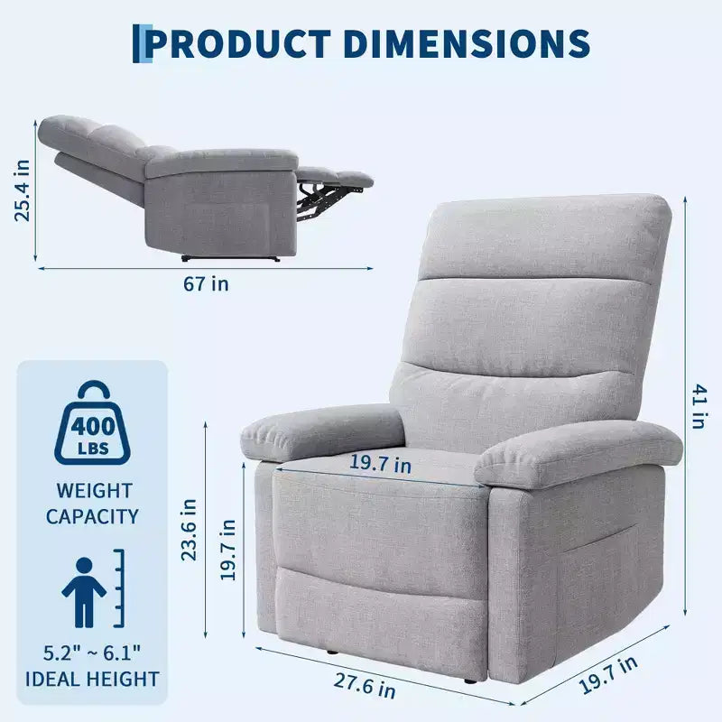 Fauteuil inclinable manuel pour adultes, canapé simple ergonomique en tissu avec support lombaire, poche latérale, fauteuil inclinable réglable pour salon, chambre à coucher