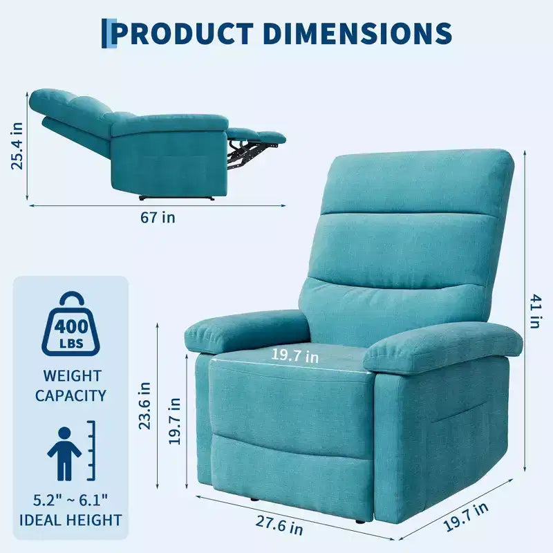 Fauteuil inclinable manuel pour adultes, canapé simple ergonomique en tissu avec support lombaire, poche latérale, fauteuil inclinable réglable pour salon, chambre à coucher