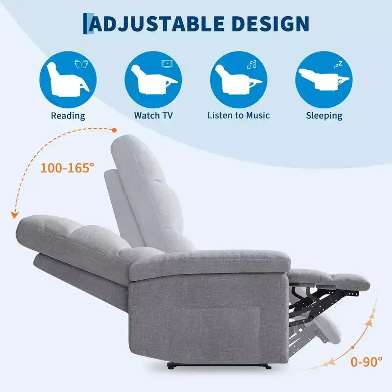 Fauteuil inclinable manuel pour adultes, canapé simple ergonomique en tissu avec support lombaire, poche latérale, fauteuil inclinable réglable pour salon, chambre à coucher