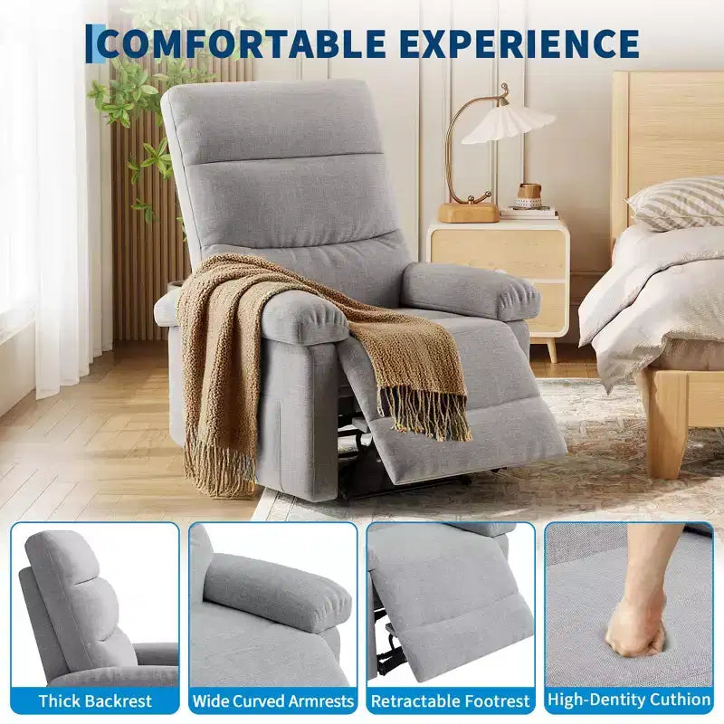 Fauteuil inclinable manuel pour adultes, canapé simple ergonomique en tissu avec support lombaire, poche latérale, fauteuil inclinable réglable pour salon, chambre à coucher