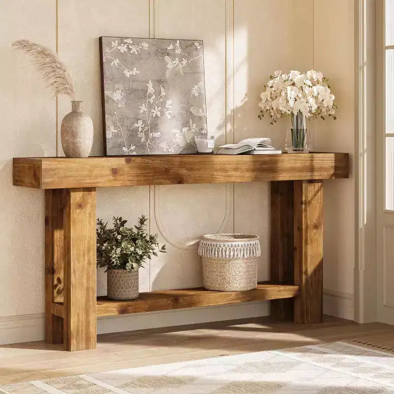 Tribesigns Table console longue en bois massif de 160 cm, table de canapé de style ferme à 2 niveaux, pour salon, couloir, entrée, foyer, marron rustique