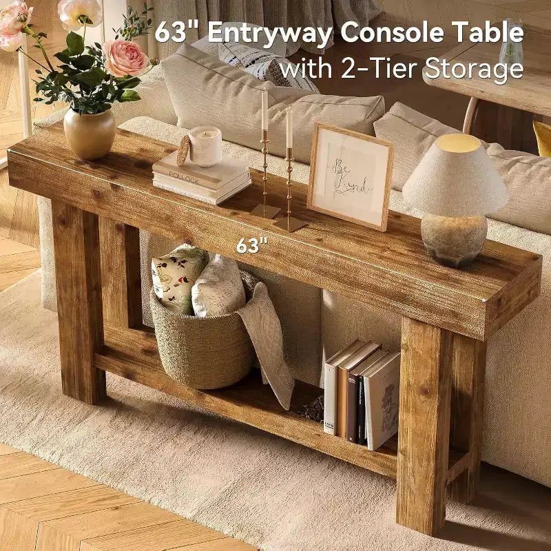 Tribesigns Table console longue en bois massif de 160 cm, table de canapé de style ferme à 2 niveaux, pour salon, couloir, entrée, foyer, marron rustique