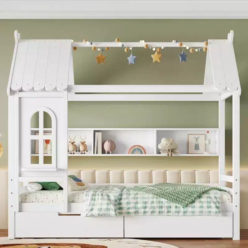 Lit cabane jumeau/double en bois massif avec tiroirs/étagères de rangement, design de fenêtre enfantin - ModernLuxe