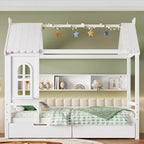 Lit cabane jumeau/double en bois massif avec tiroirs/étagères de rangement, design de fenêtre enfantin - ModernLuxe