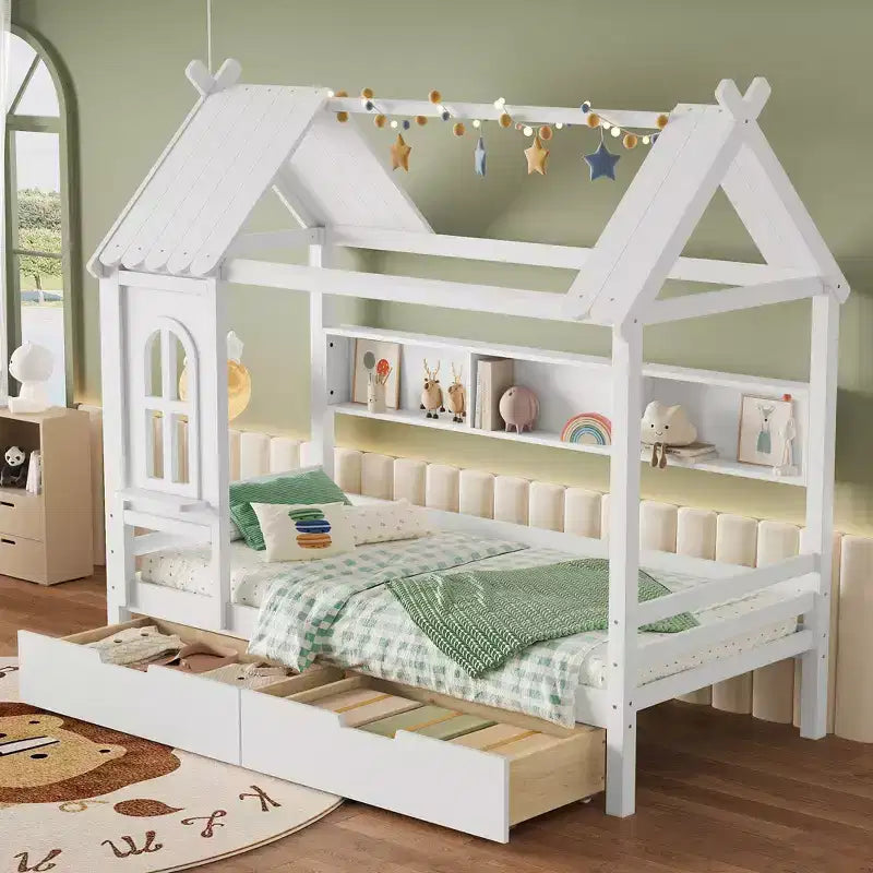 Lit cabane jumeau/double en bois massif avec tiroirs/étagères de rangement, design de fenêtre enfantin - ModernLuxe