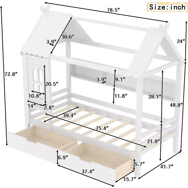 Lit cabane jumeau/double en bois massif avec tiroirs/étagères de rangement, design de fenêtre enfantin - ModernLuxe