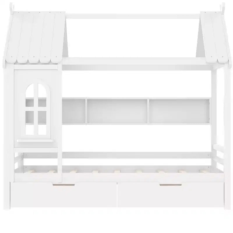 Lit cabane jumeau/double en bois massif avec tiroirs/étagères de rangement, design de fenêtre enfantin - ModernLuxe