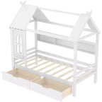 Lit cabane jumeau/double en bois massif avec tiroirs/étagères de rangement, design de fenêtre enfantin - ModernLuxe