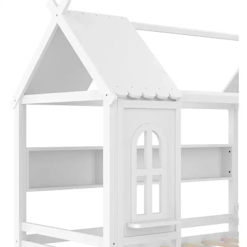 Lit cabane jumeau/double en bois massif avec tiroirs/étagères de rangement, design de fenêtre enfantin - ModernLuxe