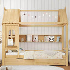 Lit cabane jumeau/double en bois massif avec tiroirs/étagères de rangement, design de fenêtre enfantin - ModernLuxe