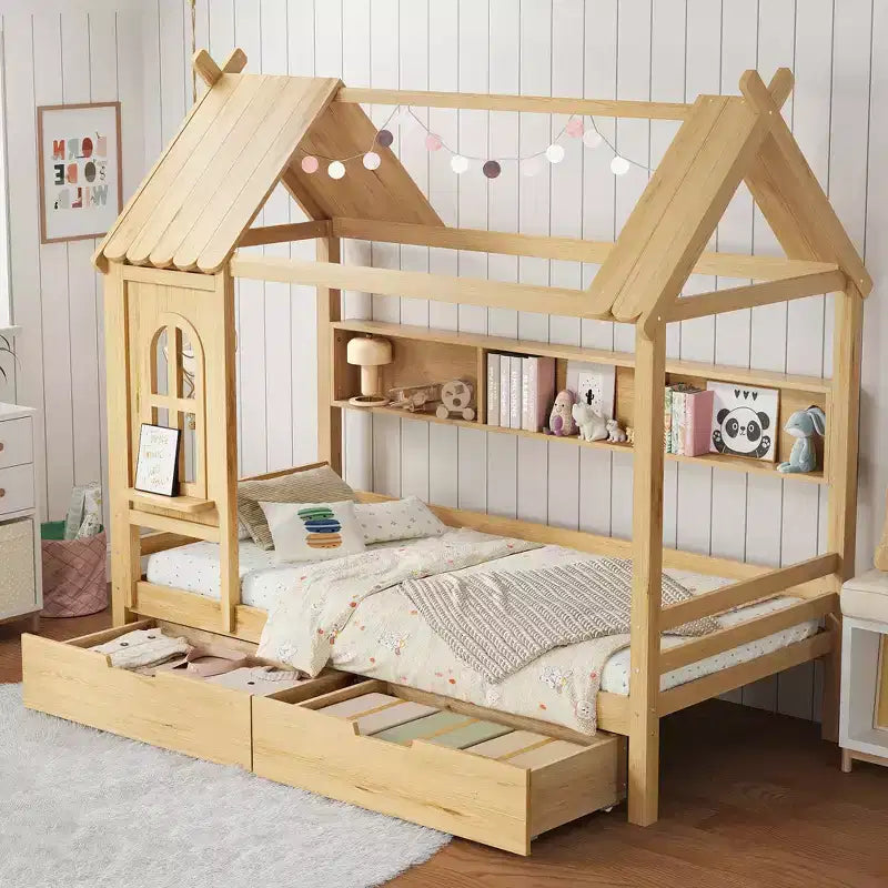 Lit cabane jumeau/double en bois massif avec tiroirs/étagères de rangement, design de fenêtre enfantin - ModernLuxe