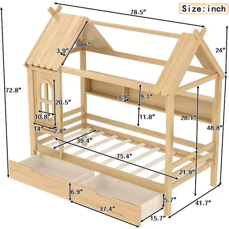 Lit cabane jumeau/double en bois massif avec tiroirs/étagères de rangement, design de fenêtre enfantin - ModernLuxe