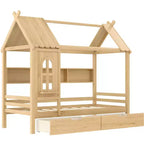 Lit cabane jumeau/double en bois massif avec tiroirs/étagères de rangement, design de fenêtre enfantin - ModernLuxe
