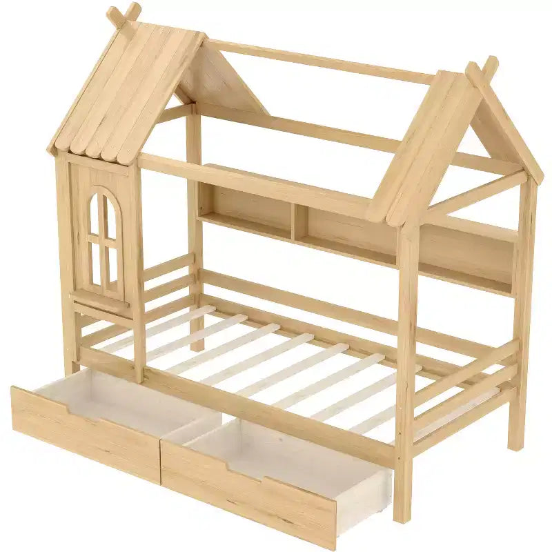 Lit cabane jumeau/double en bois massif avec tiroirs/étagères de rangement, design de fenêtre enfantin - ModernLuxe