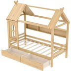 Lit cabane jumeau/double en bois massif avec tiroirs/étagères de rangement, design de fenêtre enfantin - ModernLuxe