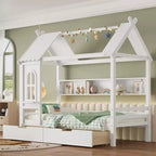 Lit cabane jumeau/double en bois massif avec tiroirs/étagères de rangement, design de fenêtre enfantin - ModernLuxe