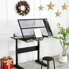JVNOXK Hand-Crank Adjustable Drafting Table (with 2 Metal Drawers, Black) Includes Stool