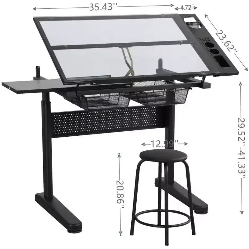 Table à dessin réglable à manivelle JVNOXK (avec 2 tiroirs métalliques, noir) comprenant un tabouret