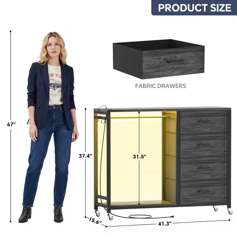 Besiost Portant à Vêtements, Commodes avec Station de Charge et Lumière LED, Commode à 4 Tiroirs pour Chambre à Coucher