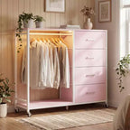 Besiost Portant à Vêtements, Commodes avec Station de Charge et Lumière LED, Commode à 4 Tiroirs pour Chambre à Coucher