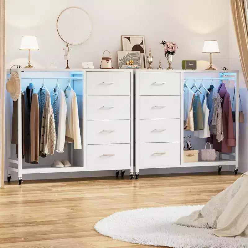 Besiost Portant à Vêtements, Commodes avec Station de Charge et Lumière LED, Commode à 4 Tiroirs pour Chambre à Coucher