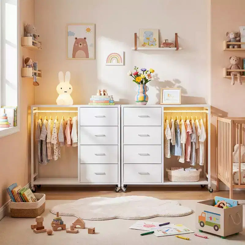Besiost Portant à Vêtements, Commodes avec Station de Charge et Lumière LED, Commode à 4 Tiroirs pour Chambre à Coucher