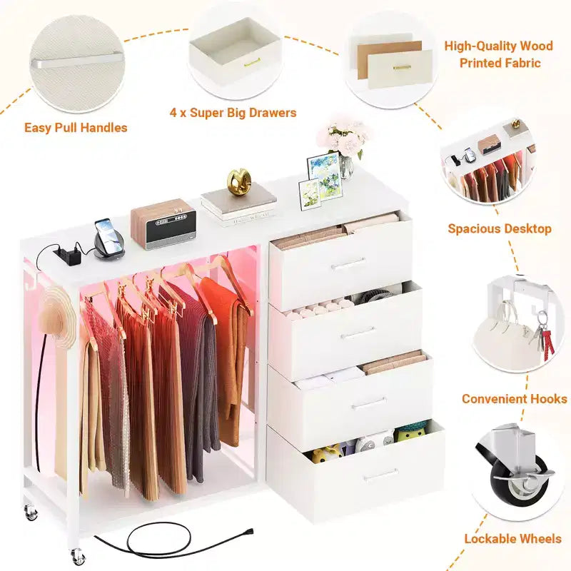 Besiost Portant à Vêtements, Commodes avec Station de Charge et Lumière LED, Commode à 4 Tiroirs pour Chambre à Coucher