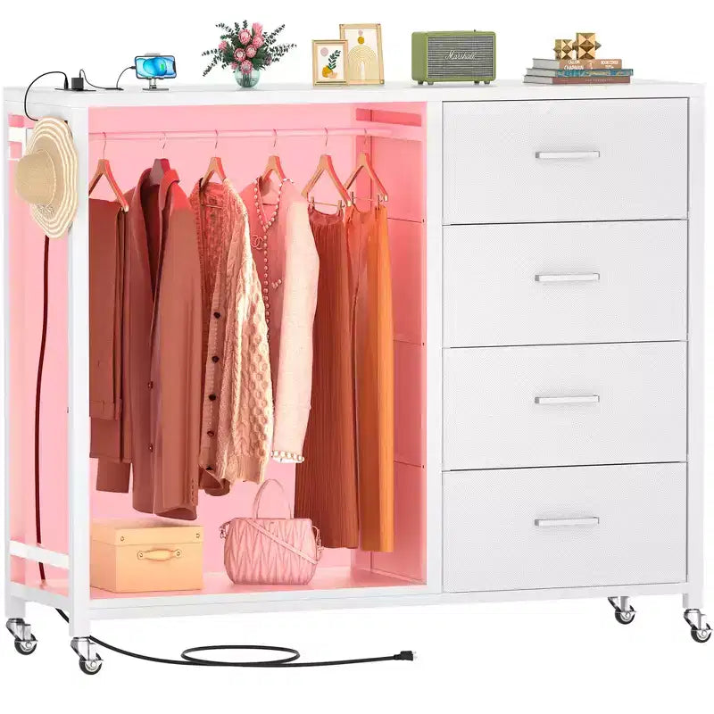 Besiost Portant à Vêtements, Commodes avec Station de Charge et Lumière LED, Commode à 4 Tiroirs pour Chambre à Coucher