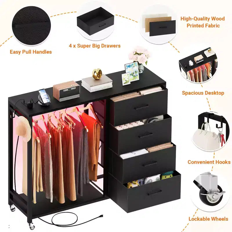 Besiost Portant à Vêtements, Commodes avec Station de Charge et Lumière LED, Commode à 4 Tiroirs pour Chambre à Coucher