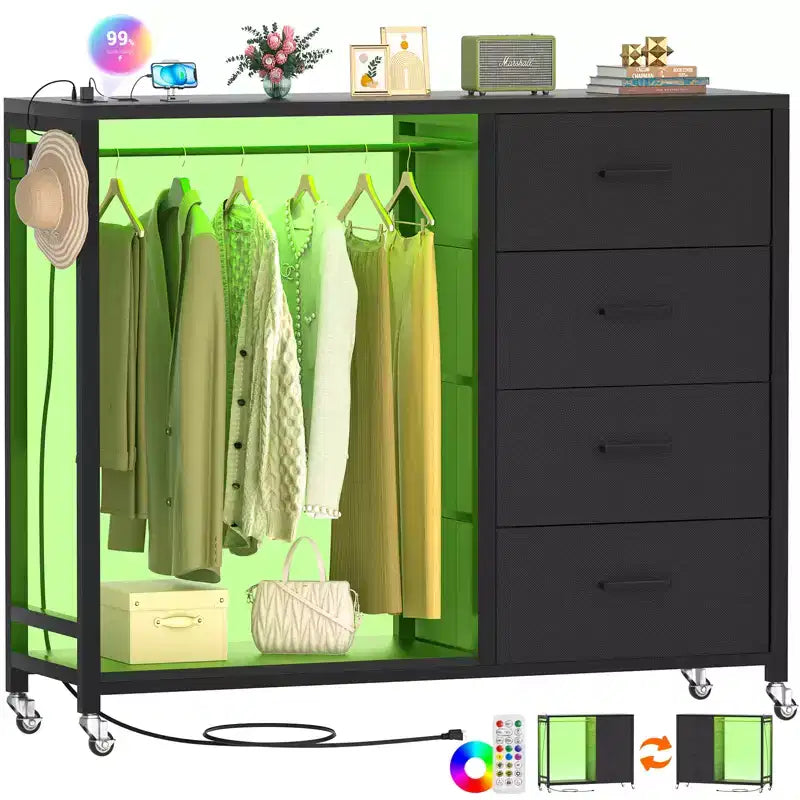 Besiost Portant à Vêtements, Commodes avec Station de Charge et Lumière LED, Commode à 4 Tiroirs pour Chambre à Coucher