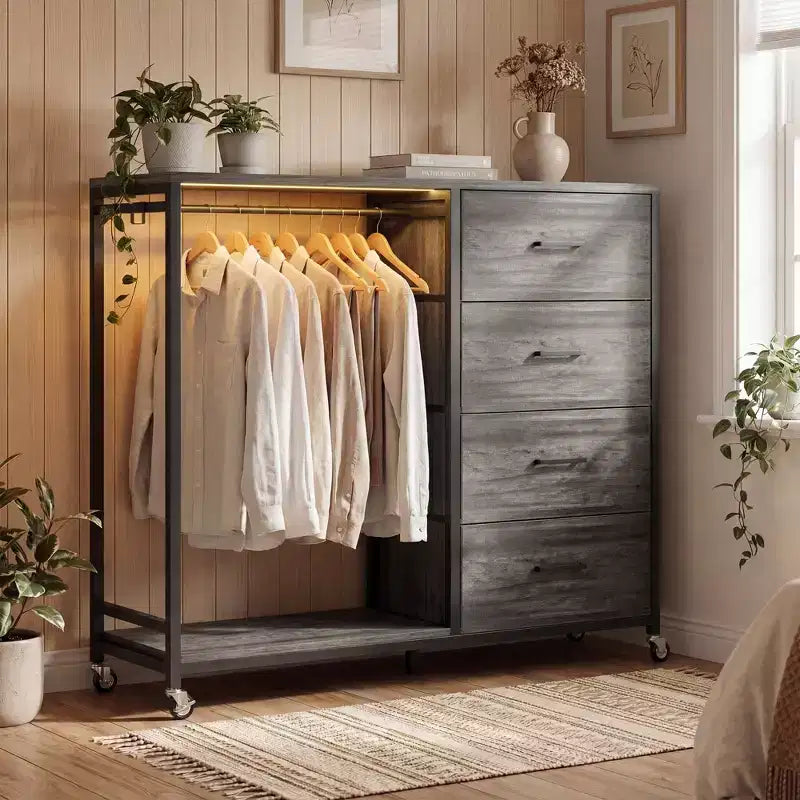 Besiost Portant à Vêtements, Commodes avec Station de Charge et Lumière LED, Commode à 4 Tiroirs pour Chambre à Coucher