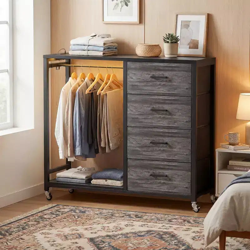 Besiost Portant à Vêtements, Commodes avec Station de Charge et Lumière LED, Commode à 4 Tiroirs pour Chambre à Coucher