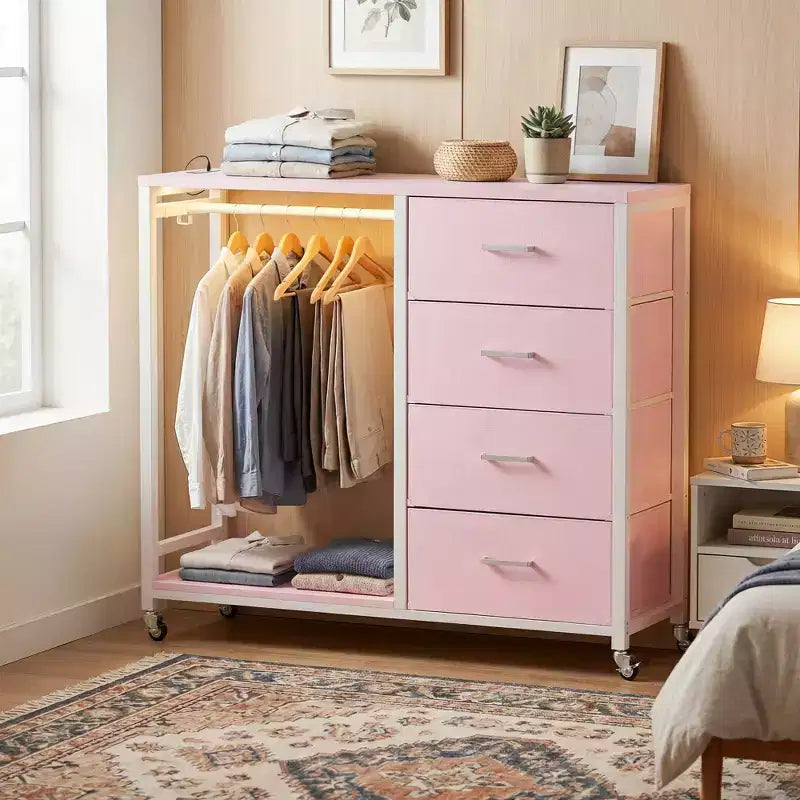 Besiost Portant à Vêtements, Commodes avec Station de Charge et Lumière LED, Commode à 4 Tiroirs pour Chambre à Coucher