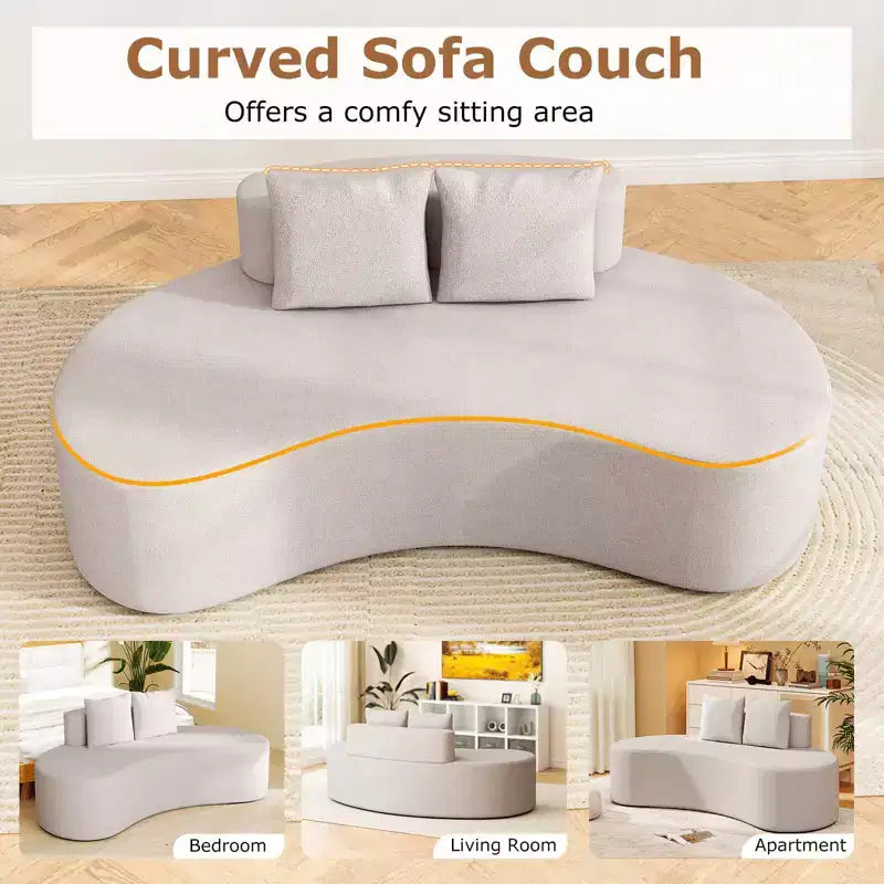 Costway Canapé incurvé en tissu de 199,4 cm avec 2 coussins confortables et dossier bas, beige/gris