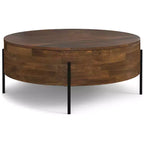 Table basse ronde moderne urbaine tambour Farmington en bois de manguier massif de 38 po de large