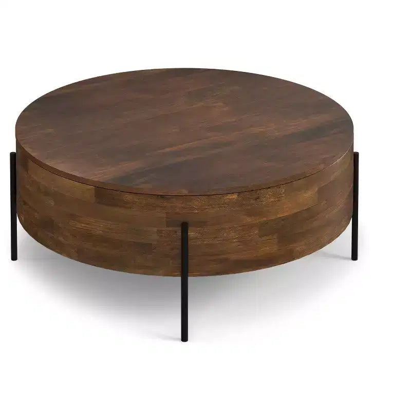 Table basse ronde moderne urbaine tambour Farmington en bois de manguier massif de 38 po de large