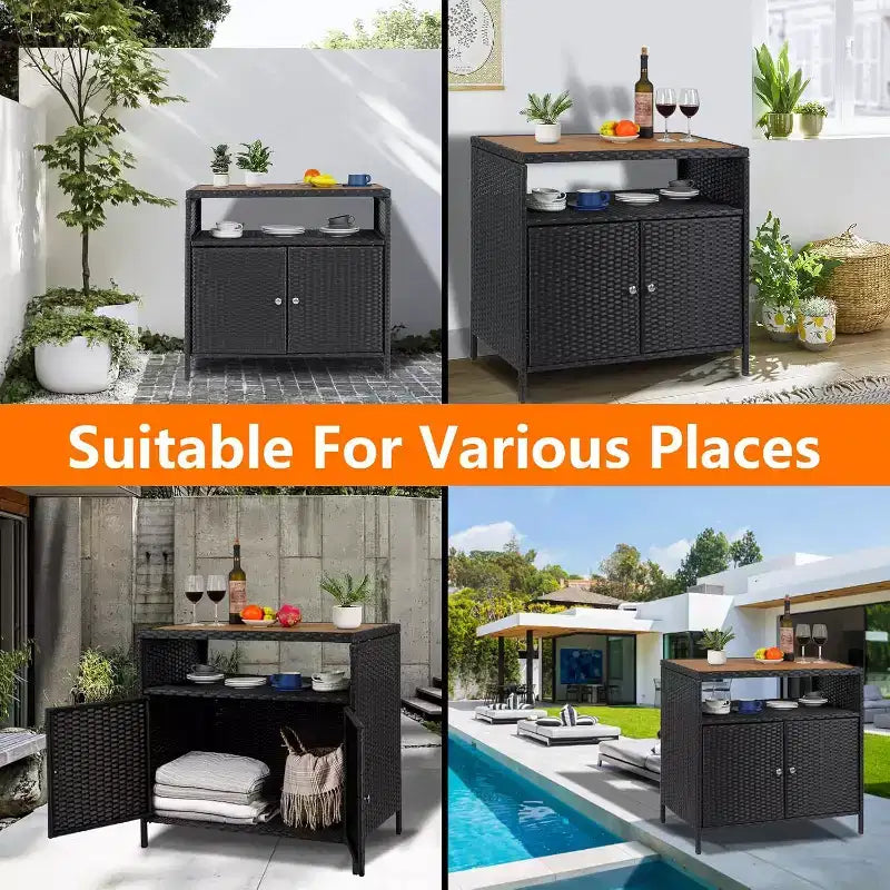 Meuble de rangement d'extérieur en rotin - Noir et marron, résistant aux intempéries, pour patio/jardin/terrasse